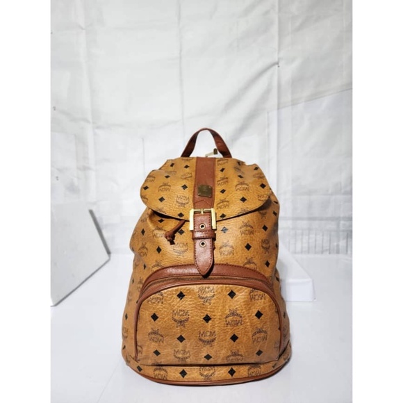 Authentic MCM Vintage Logo Print Coated Canvas Backpack Cognac main image 3